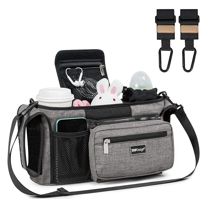 TOPDesign Universal Baby Stroller Organizer, Stroller Caddy with Heightened Insulated Cup Holders & Non-Slip Secure Hooks Accessories, Fits Most Strollers, Machine Washable (Grey)-BubblyBeeBaby
