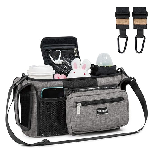 TOPDesign Universal Baby Stroller Organizer, Stroller Caddy with Heightened Insulated Cup Holders & Non-Slip Secure Hooks Accessories, Fits Most Strollers, Machine Washable (Grey)-BubblyBeeBaby
