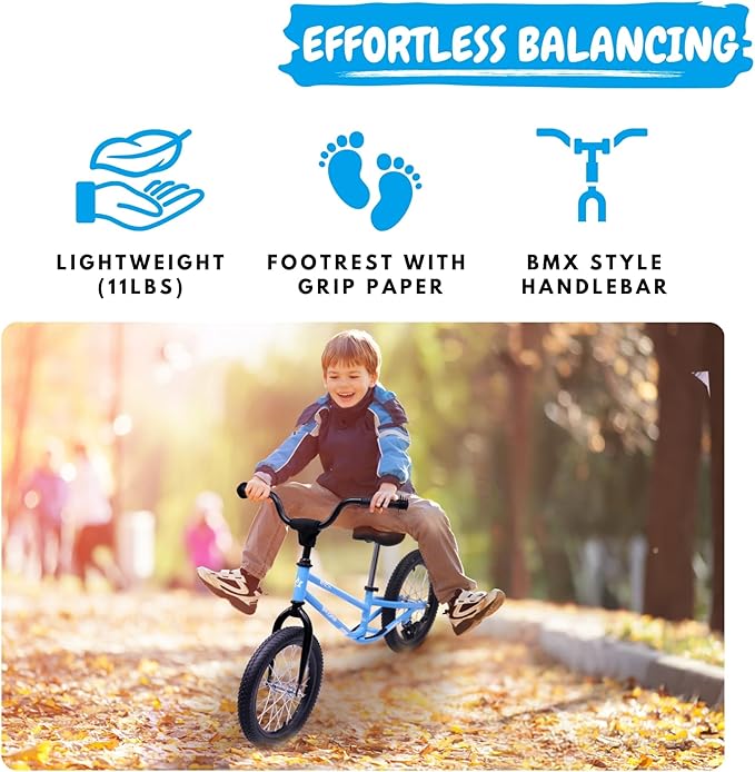 16 Inch Kids Balance Bike for 5-8 Year Old, BMX Kids Bike with No Pedals, Air Rubber Tires, Footrests, Adjustable Height for Big Kids, Boys, Girls-BubblyBeeBaby