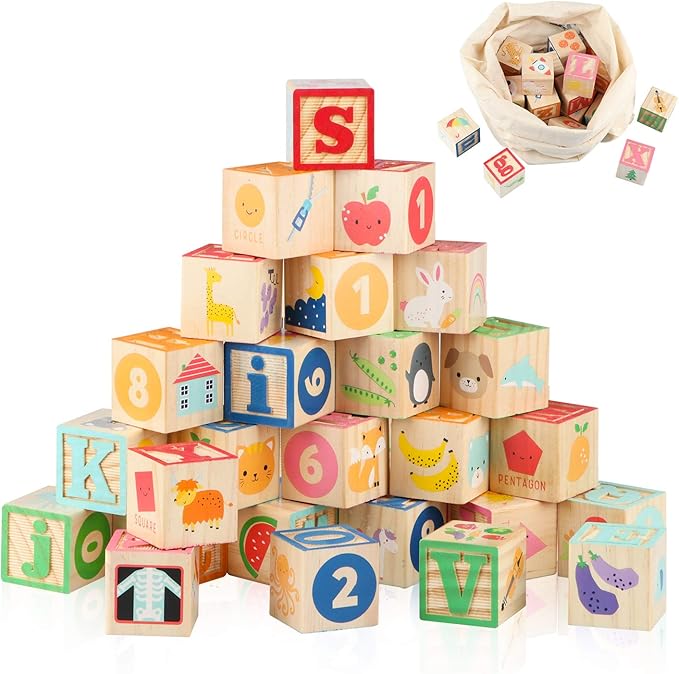 Joqutoys ABC Wooden Building Blocks for Toddlers 1-3 Large, 26 PCS Alphabet & Number Stacking Blocks, Educational Learning Toys for Boys Girls Kids Gifts 1.65''-BubblyBeeBaby