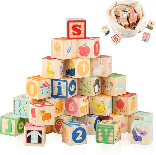Joqutoys ABC Wooden Building Blocks for Toddlers 1-3 Large, 26 PCS Alphabet & Number Stacking Blocks, Educational Learning Toys for Boys Girls Kids Gifts 1.65''-BubblyBeeBaby