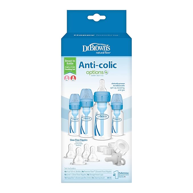 Dr. Brown's Natural Flow Anti-Colic Options+ Narrow Breast to Bottle Pump & Store Feeding Set with Slow Flow Nipples, Baby Travel Caps and 100% Silicone HappyPaci One-Piece Pacifier, Blue-BubblyBeeBaby