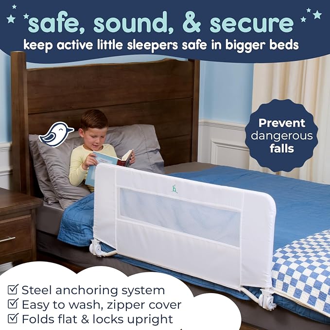 hiccapop 44" x 19" Bed Rail for Toddlers, Heavy-Duty Safety Bed Rail for Twin, Full, Queen Beds, Soft Mesh Cover & Swing-Down Design, Easy No-Tool Installation (White)-BubblyBeeBaby
