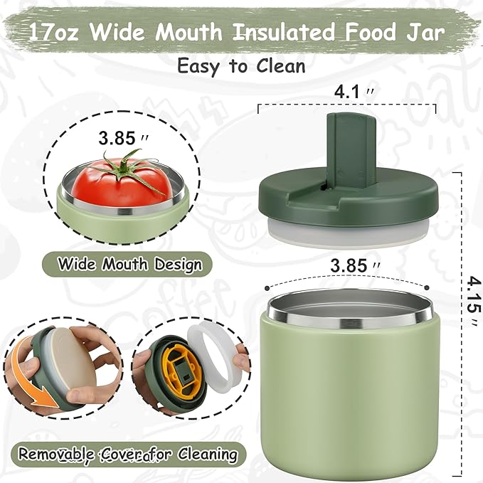 19oz Insulated Vacuum Food Jar with Buckle Lid Wide Mouth Soup Thermo for Hot Food Kids Leakproof Stainless Steel Lunch Container- Green-1Pack-BubblyBeeBaby