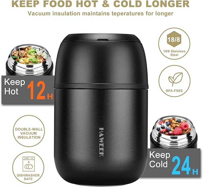 Insulated Food Container 17 oz Soup Thermo for Hot Food Kids Adults, Stainless Steel Vacuum Lunch Box with Folding Spoon, Adult Kids Thermo Portable with Handle for School, Office, Outdoor-BubblyBeeBaby