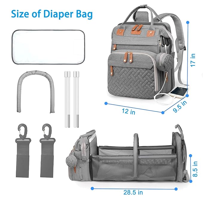 Jeryswet Baby Diaper Bags with Changing Station, Waterproof Large Capacity Diaper Bag Backpack for Moms Dads with USB Charging Port and Stroller Straps, Baby Shower Gifts, Grey-BubblyBeeBaby