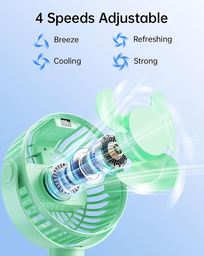 SWEETFULL Portable Stroller Fan with Display 4000mAh Battery Powered Mini Clip On Fan, 4-Speed Rechargeable Small Personal Cooling for Baby Car Seat Crib Travel - Green-BubblyBeeBaby