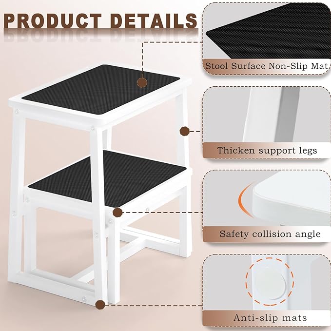 2 Step Stools for Adults Kids, Anti-Slip Sturdy Wooden Foot Stools with 500 Lbs Capacity for High Beds,Closet, Bathroom,Kitchen, Potty Training-BubblyBeeBaby