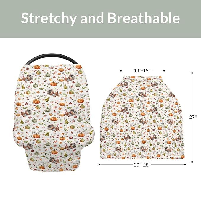 Thanksgiving Turkey Pumpkins Car Seat Covers Vintage Autumn Leaves Stretchy 5-in-1 Cover Adjustable Infant Carseat Cover Canopy Fall Harvest Breathable Nursing Cover-Up-BubblyBeeBaby