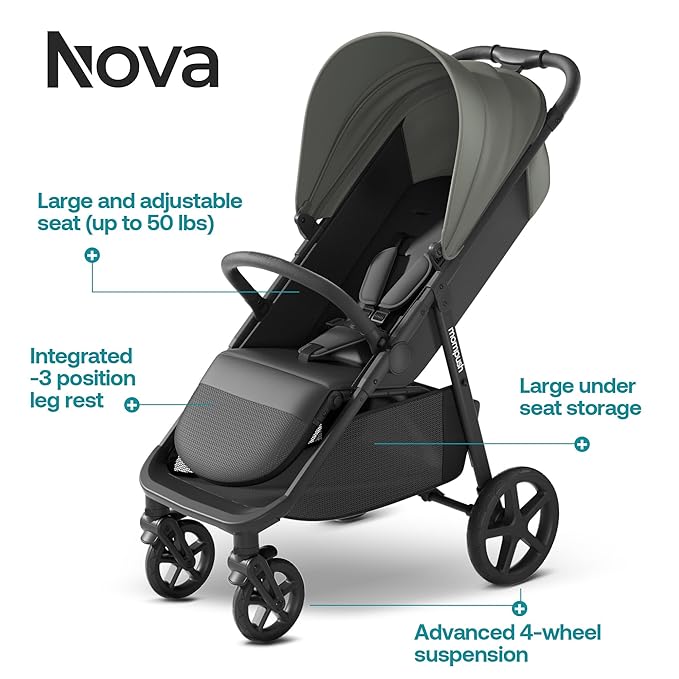 Mompush Nova Baby Stroller for Toddler, Infant & Newborn | Spacious Seat & Lie-Flat Mode | Compact One-Hand Fold, UPF 50+ Canopy & All-Wheel Suspension | Includes Rain Cover & Cup Holder, Green-BubblyBeeBaby