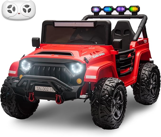 24V 2 Seater Ride On Truck with Remote Control 4WD Electric Car for Kids Ride On Car Battery Powered Ride On Toy Car with Music Player, LED Lights, Bluetooth, Rear Shock Absorber, Red-BubblyBeeBaby