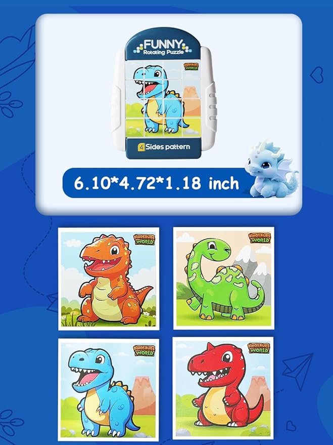 16-Piece Rotating Puzzles for Kids 4-6, Toddlers Puzzles 2-4, Road Trip, Airplane Activities Game, Travel Toys - Brain Teaser, Fine Motor Skills - Birthday Gifts Boys Girls - Dinosaur-BubblyBeeBaby