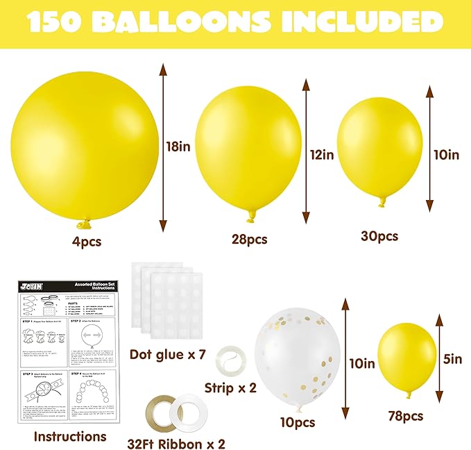 JOYIN 150 Pcs Yellow Balloons, Different Sizes 18 12 10 5 Inch Yellow Latex Balloon Arch Kit with Instruction for Birthday Party Graduation Wedding Holiday Decoration-BubblyBeeBaby