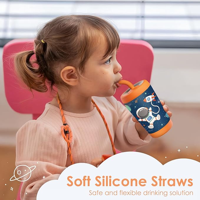 Kid Insulated Stainless Steel Tumbler with Silicone Straw, 12oz Sippy Cup for Kids (Astronaut)-BubblyBeeBaby