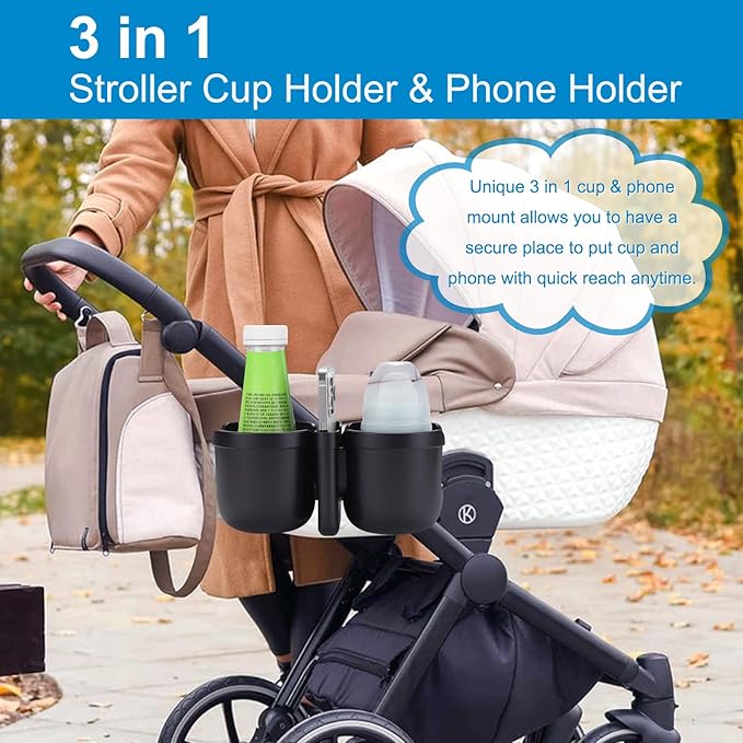 Accmor Stroller Cup Holder with Phone Holder, Universal Cup Holder for Uppababy Nuna Doona Strollers, 2-in-1 Bottle Phone Holder for Bike, Wheelchair, Walker, Scooter-BubblyBeeBaby