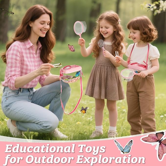 2 Set Bug Catcher for Kids- Educational Bug Catching Kit Including Butterfly Net, Insect Clip, Tweezer, Outdoor Toys for Kids Ages 3-10 (Pink)-BubblyBeeBaby