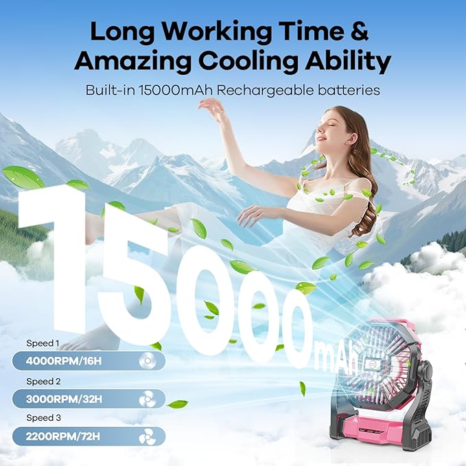 15000mAh Portable Battery Powered Camping Fan - with LED Light, Quiet Battery Operated, Camping Gear for Travel, Tent, Beach, Car or Hurricane Power Outages, Pink-BubblyBeeBaby