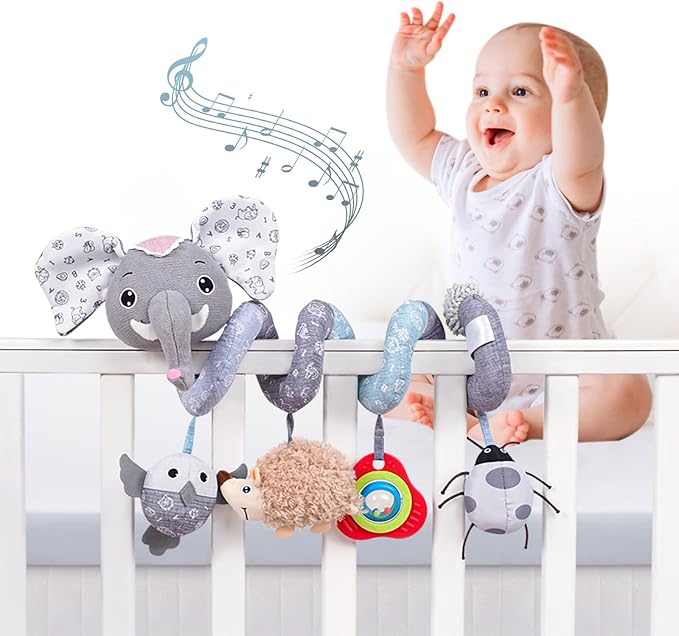 Jollybaby Baby Car Seat Stroller Toys, Plush Activity Hanging Spiral Activity Pram Crib with Music Box, Rattles, Squeaker for Babies Infant Boys Girls (SZ Gray Elephant)-BubblyBeeBaby