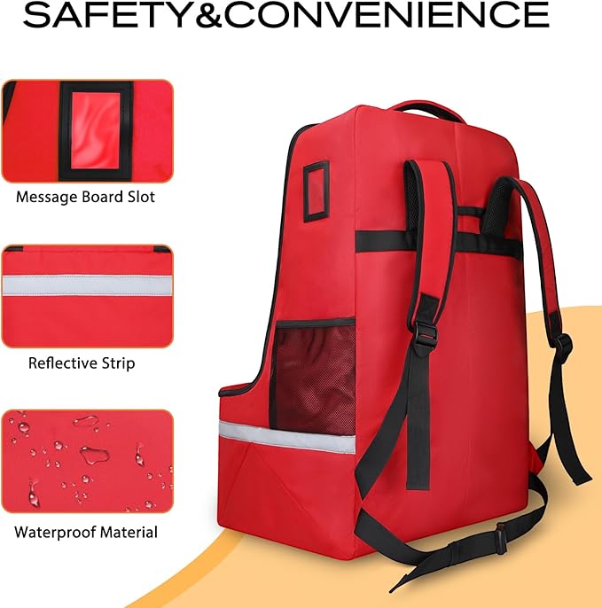 Car Seat Travel Bag for Airplane,Infant Seat Travel Bag with Shoulder Strap,Padded Car Seats Backpack with Reflective Stripes,Large Carseat Carrier Bag Travel Car Seat Cover, Red-BubblyBeeBaby