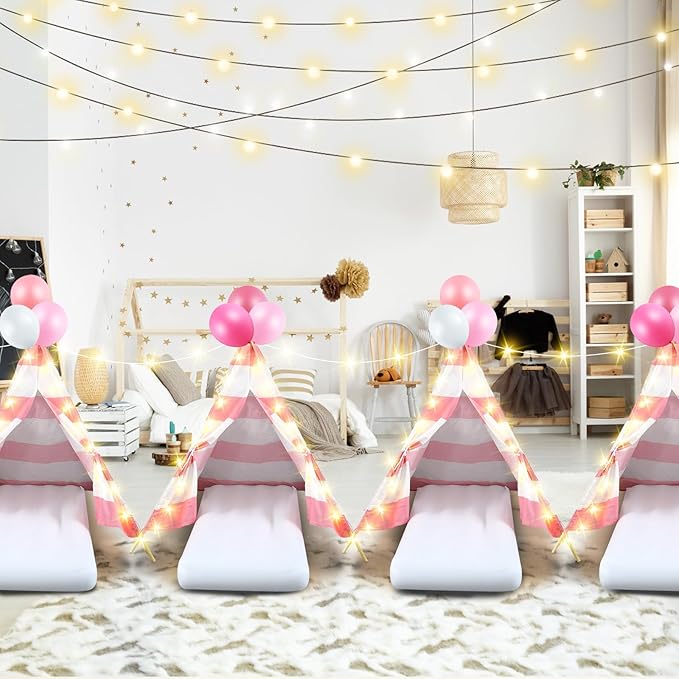 2 Pack Kids Teepee Tent with Mattress,Fitted Sheet,Light String,Washable Natural Cotton Toddler Play Tent for Girls Boys Indoor Outdoor Sleepover Slumber Birthday Party(Pink and White)-BubblyBeeBaby