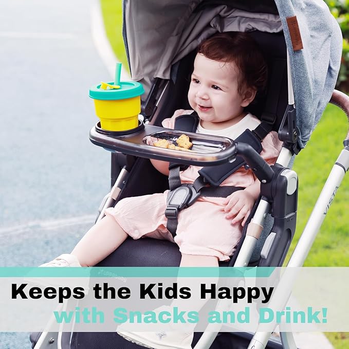 Snack Tray Fits for UPPAbaby Vista/Vista V2/Vista V3/Cruz/Cruz V2/ RumbleSeat/RumbleSeat V2, Stroller Tray with Cup Holder & Recessed Bowl, Dishwasher Safe, Quick Attachment, Folds with Stroller, Grey-BubblyBeeBaby