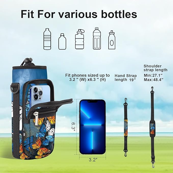 25/32/40/64oz Water Bottle Bag Holder Carrier-Insulated Crossbody Sling Case Sleeve with Strap & Pockets for Men Women Gym Cycling Travel Walking Hiking Camping-BubblyBeeBaby