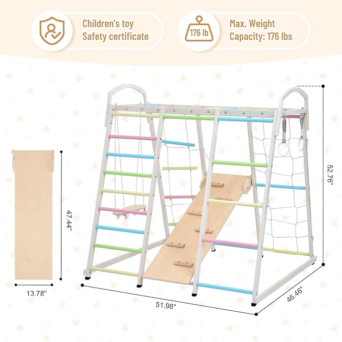 JAXPETY 9-in-1 Indoor Playground, Indoor Jungle Gym for Kids, Toddler Montessori Climbing Gym, Inside Play Gym with Slide, Swing, Monkey Bar, Ladder, Rings-BubblyBeeBaby