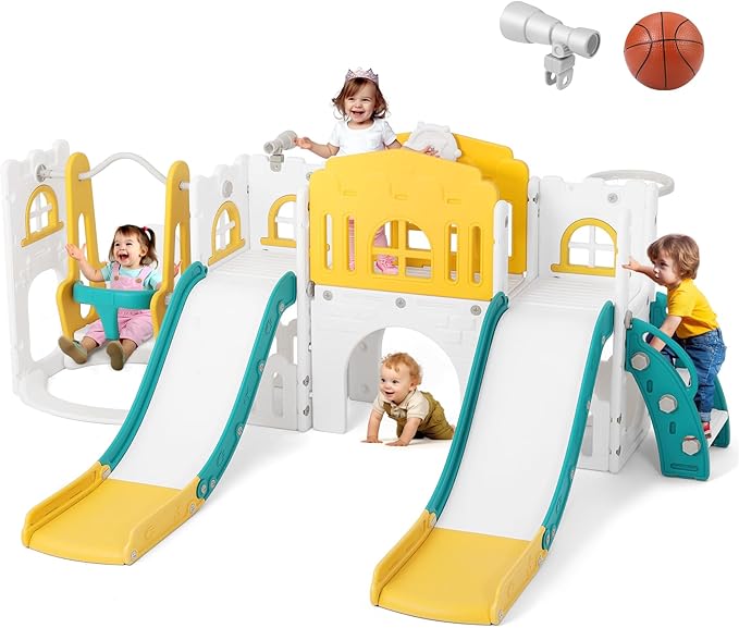 JOYLDIAS 10 in 1 Toddler Slide, Double Kid Climber Slide Playset w/Swing, Basketball Hoop, Telescope, Tunnel, Storage Space and Non-Slip Steps, Indoor Outdoor Backyard Playground Toy for Toddlers-BubblyBeeBaby