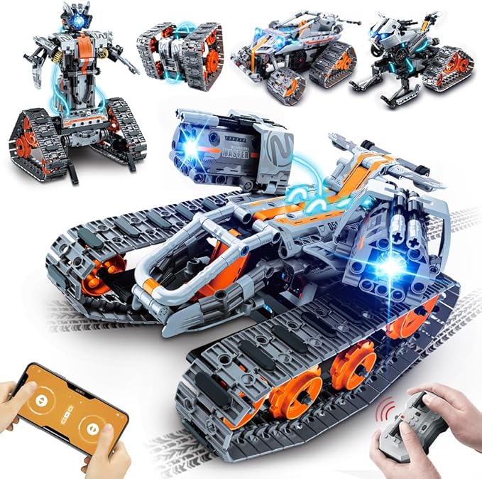 HOGOKIDS 5 in 1 STEM Building Set with LED Light - APP & Remote Controlled Cars Building Toys Kit, RC Robot Tank Sleigh Tracked Racer 604 PCS, Toy Gifts for Kids Boys Girls Ages 6 7 8 9 10 11 12+ Year-BubblyBeeBaby