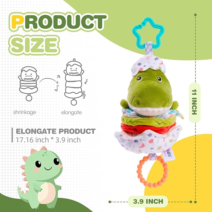 Jollybaby Baby Musical Pull String Hanging Toy for Stroller Car Seat Crib Play Gym, Plush Stuffed Dinasour Toy for Carseat with Music Teether Crinkle Paper, Sensory Toy for 0-6-12-18 Months Baby Gift-BubblyBeeBaby