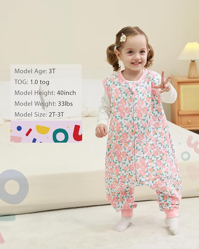 HOMEAL 1.0Tog Sleep Sack with Feet, Toddler Sleep Sacks 3T-5T, Pink Rose-BubblyBeeBaby