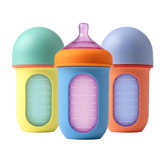 Boon Nursh Reusable Silicone Pouch Baby Bottles - Medium Flow Nipple - Silicone Baby Bottle Pouch and Nipple - Baby Feeding Essentials - Color Block - 3-6 Months - 3 Count - 8 Ounce-BubblyBeeBaby