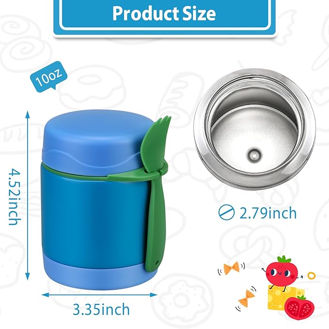 10oz Soup Thermo for Hot Food Kids,Lunch Thermo Kids Food Jar with Spoon Hot Insulated Food Containers,Leak Proof Stainless Steel Wide Mouth Lunch Food Jar for School(Blue)-BubblyBeeBaby