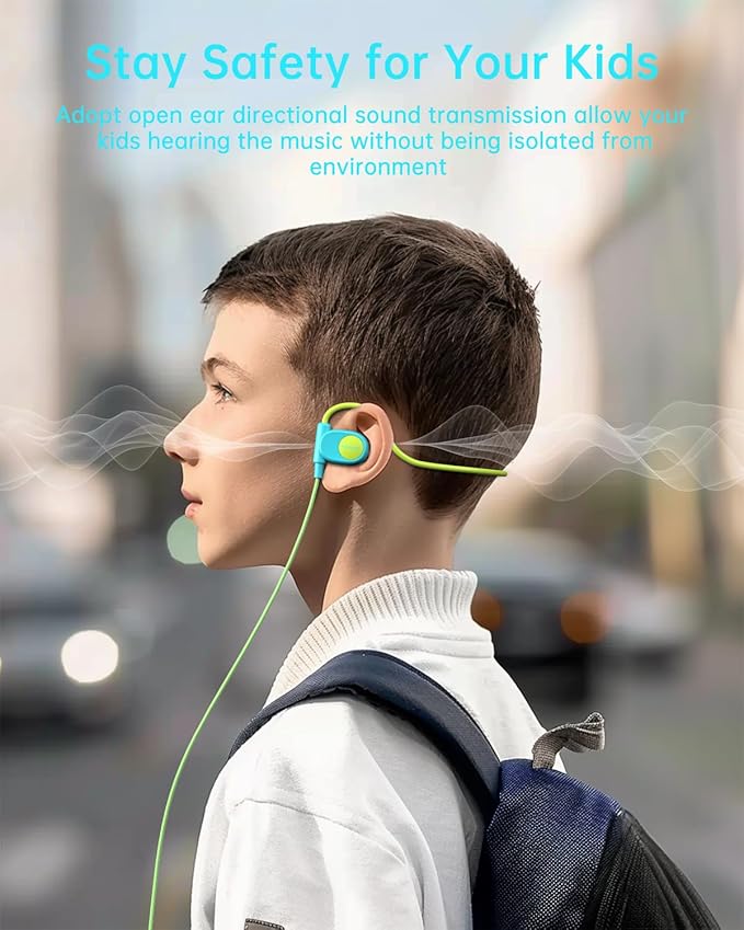 Kid Headphones for School, Air Conduction Open Ear Headphones, 3.5mm Jack Wired Cord, Ultra-Comfort, Ergonomic and Lightweight Design Perfect for School and Outdoor Activities-Blue Green-BubblyBeeBaby