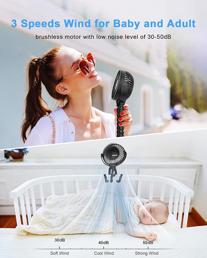 Stroller Fan Clip on for Baby, 4000mAh Rechargeable Battery Operated, Flexible Tripod, 3 Wind Speed, 360° Rotatable, Small Cooling Portable Fan for Car Seat Crib Golf Cart Bike Treadmill, Black-BubblyBeeBaby