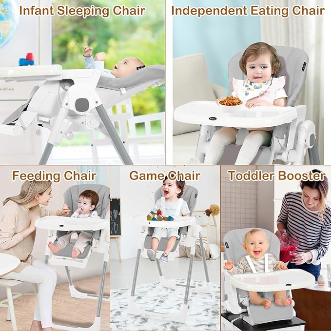 INFANS High Chair for Babies & Toddlers, Foldable Highchair with Multiple Adjustable Backrest Footrest Seat Height, Removable Tray, Detachable PU Leather Cushion Wheels (with Booster, Light Grey)-BubblyBeeBaby