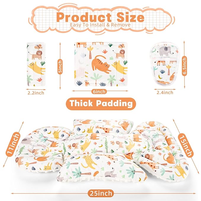 Infant Car Seat Insert, Soft Baby Car Seat Head & Body Support for Girl Boy, Reversible Newborn Preemie Carseat Insert Cushion with 3 Straps Pads Fits CarSeat, Stroller, Swing, Bouncer, Animals-BubblyBeeBaby