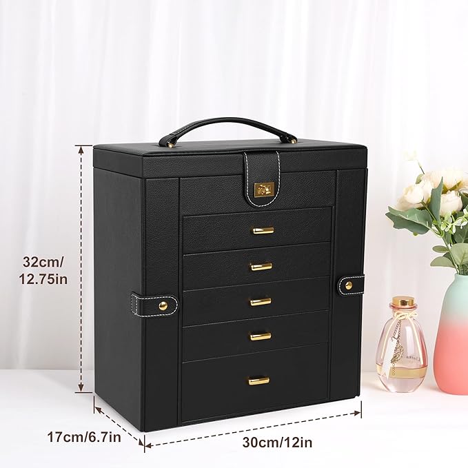Kendal Extra Large Jewelry Box Jewelry Case PU Leather 6 Tier 5 Drawers Large Storage Capacity with Mirror Jewelry Storage Organizer Great Gift Also Good For Watches LJC-SHD5BK (black)-BubblyBeeBaby