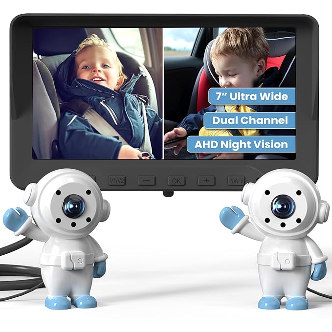 GROWNSY Dual Car Camera Baby Monitor, 7" 1080P AHD Car Camera for 2kids, Backseat Mirror for Baby Rear Facing with Infrared Night Vision, Easily Observe Baby's Every Move-BubblyBeeBaby