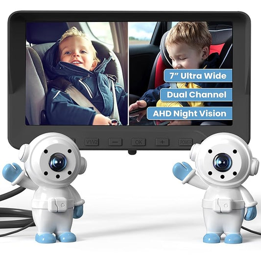 GROWNSY Dual Car Camera Baby Monitor, 7" 1080P AHD Car Camera for 2kids, Backseat Mirror for Baby Rear Facing with Infrared Night Vision, Easily Observe Baby's Every Move-BubblyBeeBaby