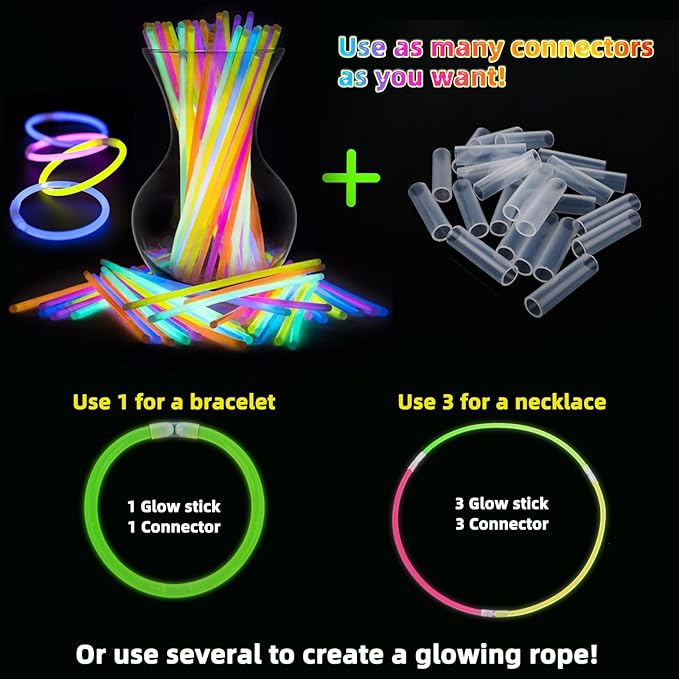 200 Pcs Glow Sticks Bulk Party Pack, 8'' Glow in the Dark Party Supplies, Glow in the Dark Light Up Sticks with Connectors, Party Favors for Birthday, Concert, Raves, Halloween, Christmas-BubblyBeeBaby