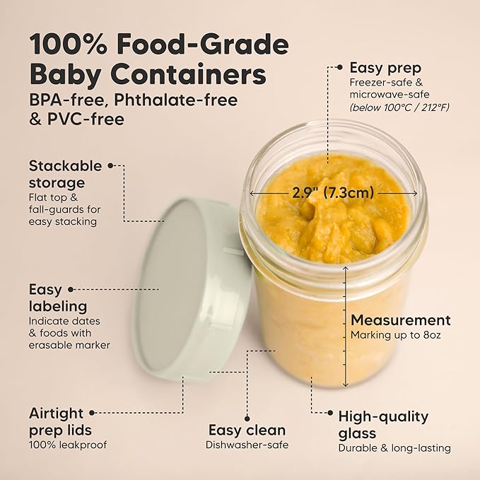KeaBabies 4pk 8oz Glass Baby Food Containers with Lids - Leak-Proof, Microwavable Small Glass Jars, Baby Purees & Toddler Snack Storage Containers, BPA-Free, Dishwasher & Freezer Safe (Sage)-BubblyBeeBaby