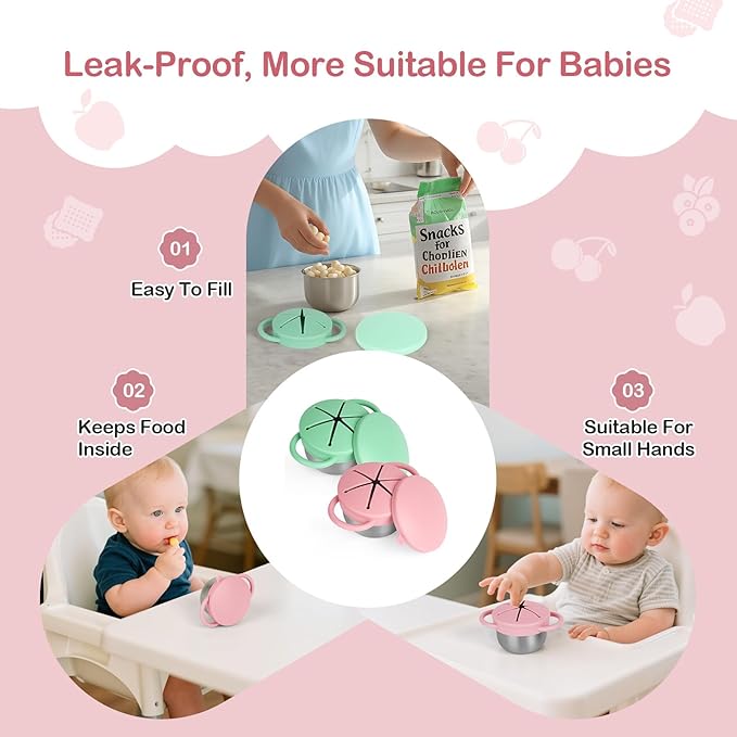 2 Pack Snack Cups for Toddlers Spill Proof - Detachable Stainless Steel Toddler Snack Cups with Silicone Lids & Handles - Dishwasher Safe Baby Snack Containers for Mess-Free Snacking (Green and Pink)-BubblyBeeBaby