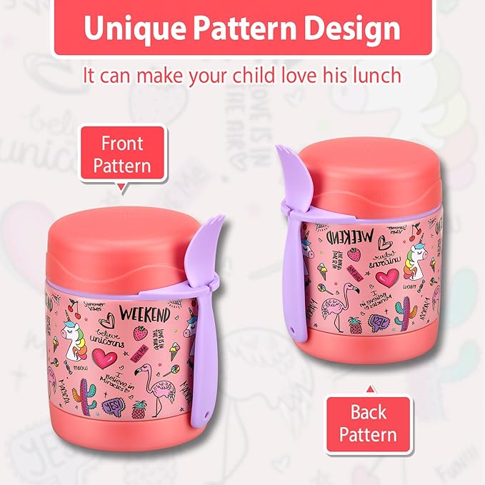 10oz Soup Thermo for Hot Food Kids,Lunch Thermo Kids Food Jar with Spoon Hot Insulated Food Containers,Leak Proof Stainless Steel Wide Mouth Lunch Food Thermo Jar for School(Pink-Flamingo)-BubblyBeeBaby