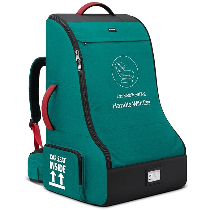 RAINSMORE Padded Car Seat Travel Bag for Airplane Heavy Duty Car Seat Backpack for Air Travel Baby Carseat Cover Bags for Airport Large Car Seats Carrier Fits Car Seats & Booster Seats, Green-BubblyBeeBaby