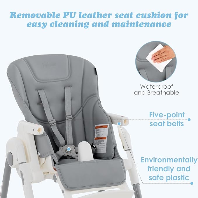 INFANS High Chair for Babies & Toddlers, Foldable Highchair with Multiple Adjustable Backrest Footrest Seat Height, Removable Tray, Detachable PU Leather Cushion, Built-in Rear Wheels (Light Grey)-BubblyBeeBaby