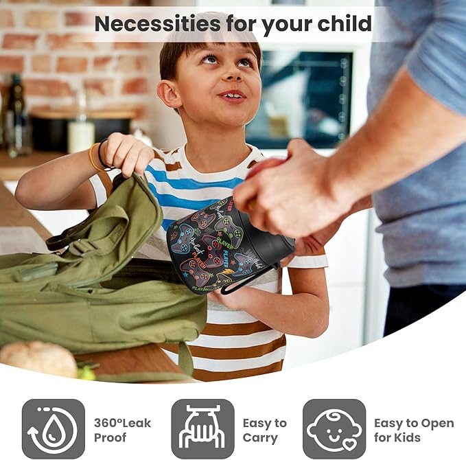 17oz Soup Thermo for Hot Food Kids,Insulated Food Jar with Spoon,Thermo Hot Food Lunch Container,Wide Mouth Leakproof Stainless Steel Lunch Box for School-Black Game-BubblyBeeBaby