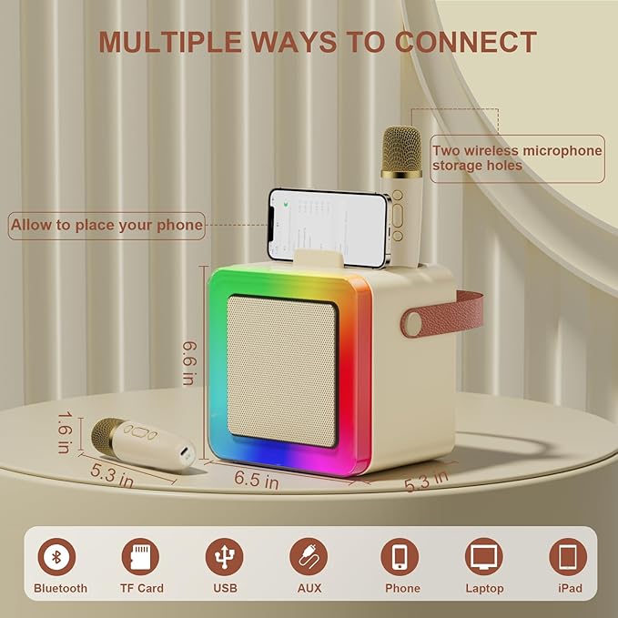 Karaoke Machine for Kids Adults, Portable Bluetooth Karaoke Speaker with 2 Wireless Microphones, Karaoke System with Mics Storage Hole and Lights, Birthday Gifts for Girls Boys Family Home Party-BubblyBeeBaby