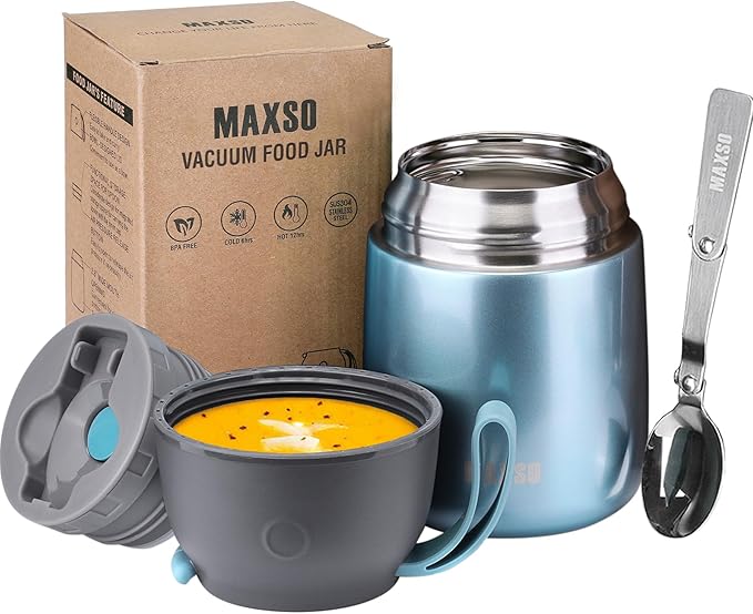 Insulated Thermo Food Jar for Hot & Cold Food for Kids Adult, 17 oz Soup Thermal Hot Food Containers for Lunch, Triple Layer Insulation Stainless Steel Food Jar with Spoon (Lightblue)-BubblyBeeBaby