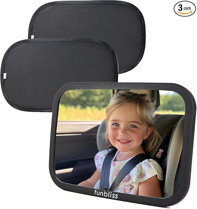 Funbliss Baby Car Mirror + 2-Pack Car Window Shades Bundle -100% Shatterproof, Wide Angle Convex-BubblyBeeBaby